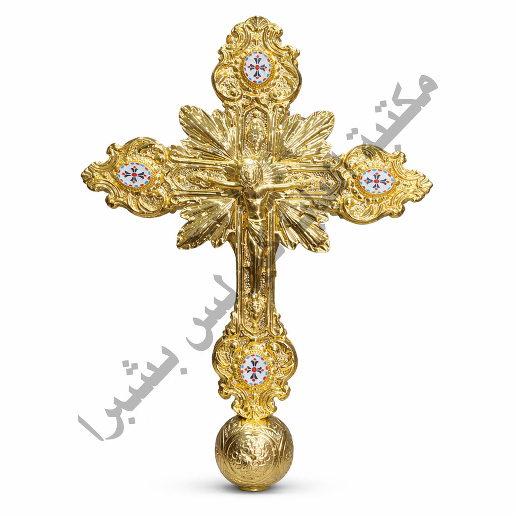 Two-layer copper wedding cross with colored bezels
