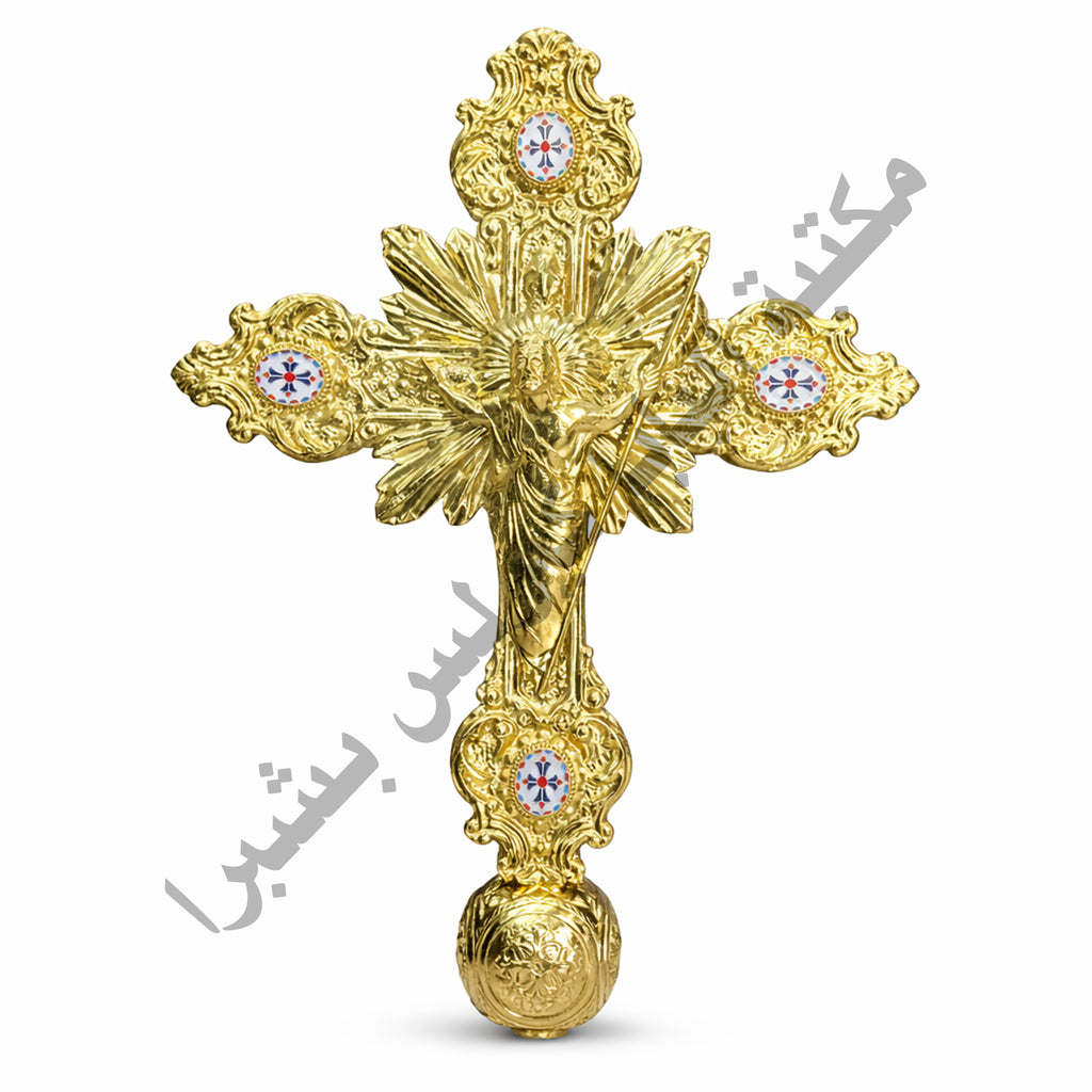 Two-layer copper wedding cross with colored bezels